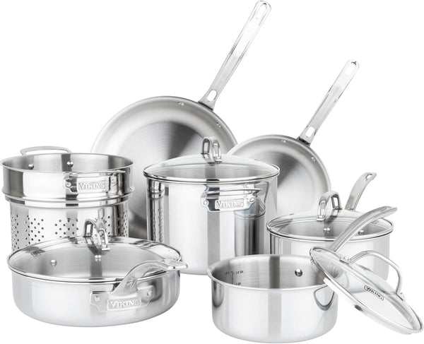 Viking Artisan 3-Ply Stainless Steel 11-Piece Cookware Set with Vented Glass Lids, Fry Pans, Saucepans, Saute Pan, Stock Pot with Strainer Insert, Oven Safe up to 600F1