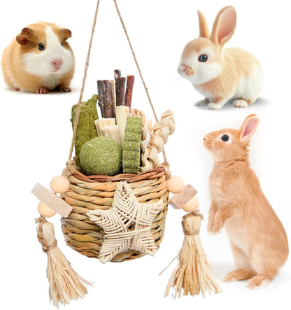 Jorewood Rabbit Chew Toys,Natural Hanging Basket with Sweet Bamboo,Timothy Hay,Peach Sticks for Bunny Chinchillas Guinea Pigs Hamsters Rats Teeth Grinding8