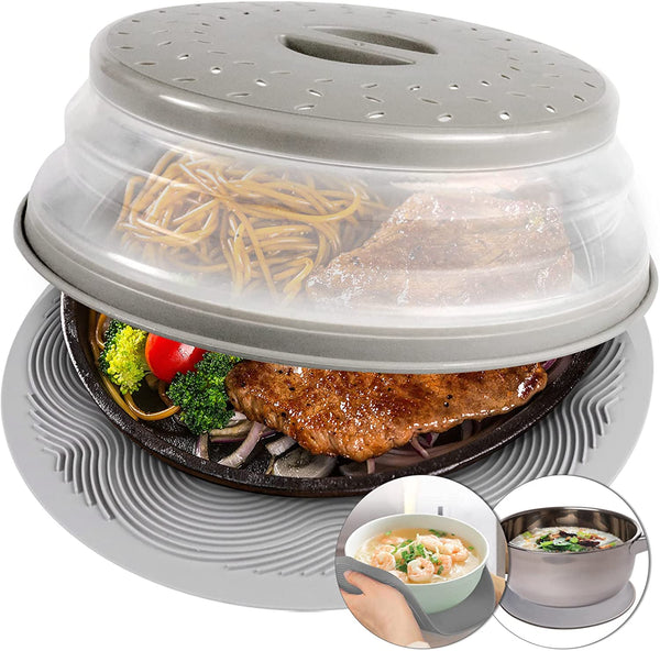 2 in 1,  Microwave Splatter Cover for Food & Silicone Microwave Mat, Mat as Bowl Holder, Trivet, Pot Holders, Drying, Baking, Utensils Rest for Kitchen Counter, Dishwasher Safe, Grey1