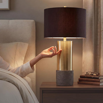 Signature Design by Ashley Jacek Contemporary Table Lamp Set of 2 | Textured Faux Concrete and Brass-Finished Metal, Black Drum Shade with Goldtone Foil Interior, Living Room and Bedside Use8
