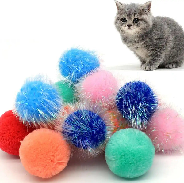 14-Pack Cat Toys Balls - No Bells Quiet Interactive Toys, Soft Pom Poms & Sparkle Balls for Kittens & Adult Cats, Safe for Batting Chasing (7 Sparkle Fuzzy Balls+ 7 Yarn Balls)1