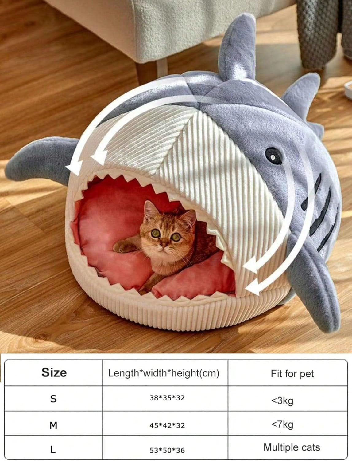 qwinee-cat-mat-shark-shaped-kennel-kitten-bed-hideout-house-warm-soft-comfortable-semi-closed-cat-dog-nest-blue-s