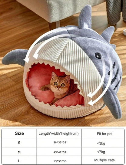 QWINEE Cat Mat Shark-Shaped Kennel Kitten Bed Hideout House Warm Soft Comfortable Semi-Closed Cat Dog Nest Blue S6
