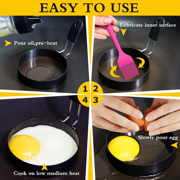 3.5'' Egg Rings with Silicone Handle, Stainless Steel Egg Cooking Rings，Nonstick，For Frying Eggs and English Muffins Pancake, Egg Mold Shaper for Breakfast5