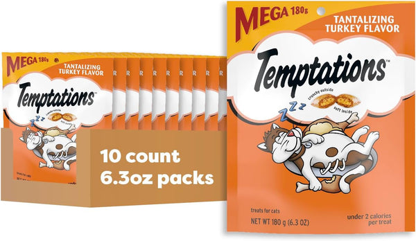 Temptations Classic Crunchy and Soft Cat Treats, Turkey, 6.3 Oz, 10 Pack | under 2 Calories per Treat, Crunchy outside & Soft Inside, Resealable Pouch, Snack or Food Topper, 100% Complete & Balanced1