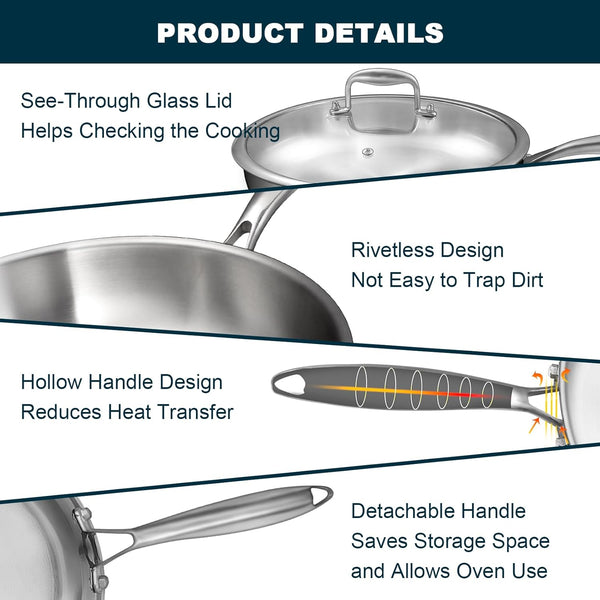 Tri-Ply Stainless Steel Frying Pans Set with Lid,  8”/10”/12” Cooking Pans, PFOA&PTFE Free Skillet, Induction Cooking Pan, Dishwasher and Oven Safe, Fast & Even Heat, Suitable for All Stove5