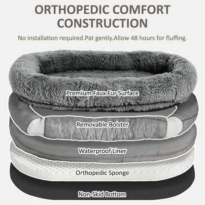 71" Human Dog Bed for Adult, Giant Orthopedic Memory Foam Dog Sofa Bed, Large Oversize Washable Faux Fur Pet Couch with Plump Pillow, Blanket, Strap - Dark Grey4