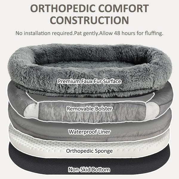 71" Human Dog Bed for Adult, Giant Orthopedic Memory Foam Dog Sofa Bed, Large Oversize Washable Faux Fur Pet Couch with Plump Pillow, Blanket, Strap - Dark Grey4