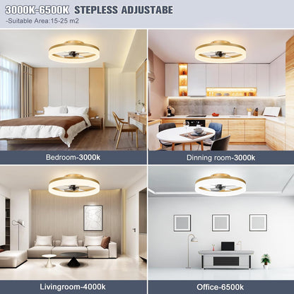 Low Profile Ceiling Fans with Lights and Remote, 19.7In Fandelier Ceiling Fan Flush Mount, 3000K-6500K Smart Bladeless LED Fan Light, Gold Modern Ceiling Fans with Lights for Bedroom3