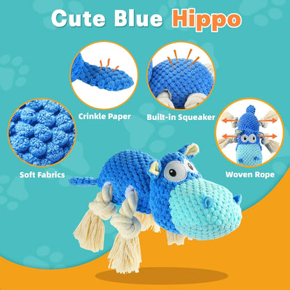 TOOPTATE Hippo Squeaky Dog Toy, Blue, Medium | Cute Plush Design, Rope Legs for Tugging, Helps Keep Dogs Busy, Suitable for Small, Medium, and Large Dogs2