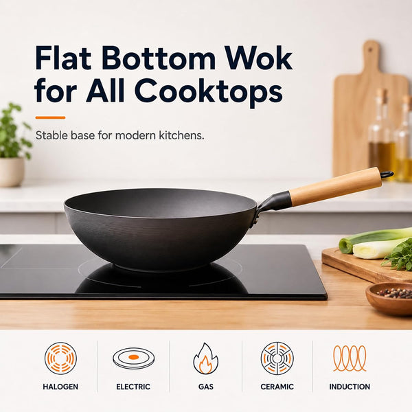 12.6" Carbon Steel Wok Pan, Flat Bottom Stir Fry Wok with Spiral Thread Interior, Coating‑Free Naturally Seasoning Wok, Compatible with Gas, Electric & Induction Cooktops5