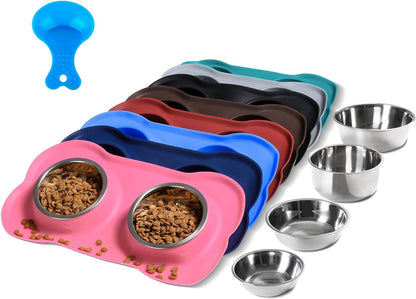 Hubulk Pet Dog Bowls 2 Stainless Steel Dog Bowl with No Spill Non-Skid Silicone Mat + Pet Food Scoop Water and Food Feeder Bowls for Feeding Small Medium Large Dogs Cats Puppies (S, Pink)1