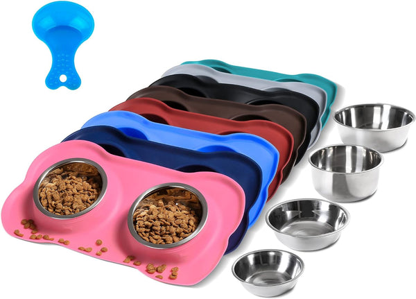 Hubulk Pet Dog Bowls 2 Stainless Steel Dog Bowl with No Spill Non-Skid Silicone Mat + Pet Food Scoop Water and Food Feeder Bowls for Feeding Small Medium Large Dogs Cats Puppies (S, Pink)1
