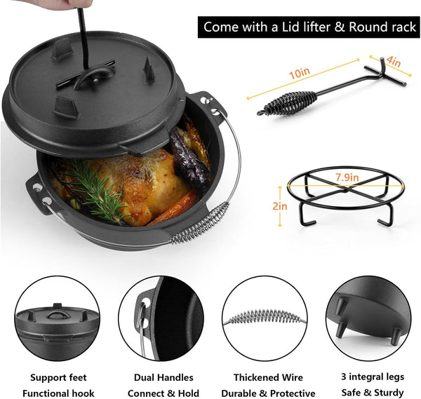 7 QT Cast Iron Dutch Oven, Large 2 in 1 Camp Pre-Seasoned Deep Pot & Lid Skillet Pan, Heavy Thick 7 Quart Multiple Cookware with Feet for Outdoor Camping Baking, Bracket and Lid Lifter4
