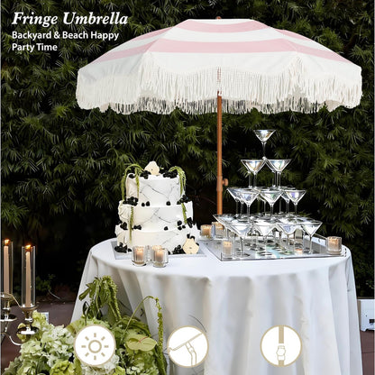Boho Fringe Umbrella, 6.5Ft Outdoor Umbrella with Tassel | Boho Chic Style, UPF 50+ Sun Protection, Steel Pole, Push Button Tilt, Easy to Set Up, for Party Picnic Beach, Green Stripe5