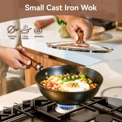 9.5 Inch Small Cast Iron Wok with Lid - Handcrafted Tortoise Shell Texture Uncoated Stir Fry Pan, Flat Bottom Wok for Electric, Induction & Gas Stoves, 2.5 Quart (Requires Seasoning)5
