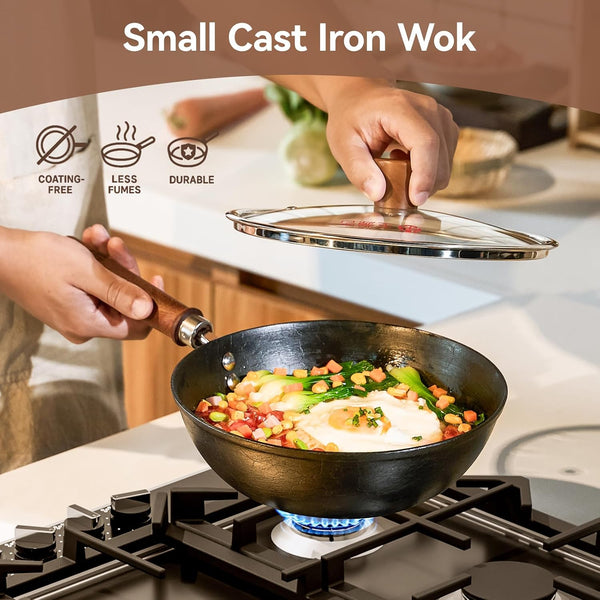 9.5 Inch Small Cast Iron Wok with Lid - Handcrafted Tortoise Shell Texture Uncoated Stir Fry Pan, Flat Bottom Wok for Electric, Induction & Gas Stoves, 2.5 Quart (Requires Seasoning)5