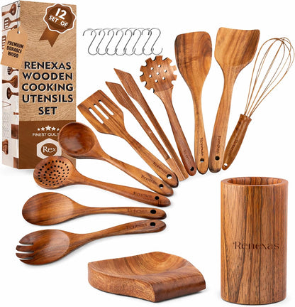 Kitchen Utensils Set, 12 Piece Teak Wooden Utensil Set for Cooking, Premium Teak Cooking Utensils, Non Toxic Wooden Spoons & Spatulas, Heat Resistant Kitchen Tools for Nonstick Cookware1