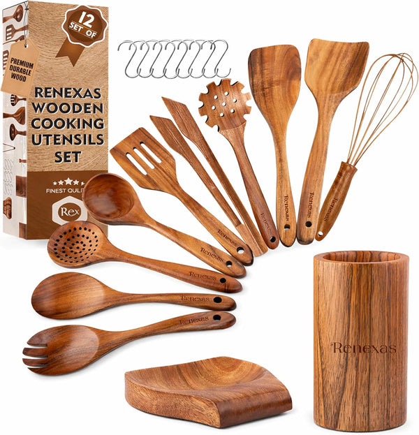 Kitchen Utensils Set, 12 Piece Teak Wooden Utensil Set for Cooking, Premium Teak Cooking Utensils, Non Toxic Wooden Spoons & Spatulas, Heat Resistant Kitchen Tools for Nonstick Cookware1
