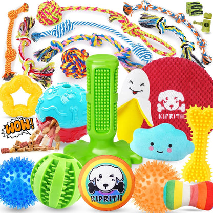 KIPRITII 25 Pack Various Dog Toys Set – Ideal for Teething, Entertainment & Interactive Play, Includes Puppy Toys, Rope Toys, Treat Balls and Squeaky Dog Toys1