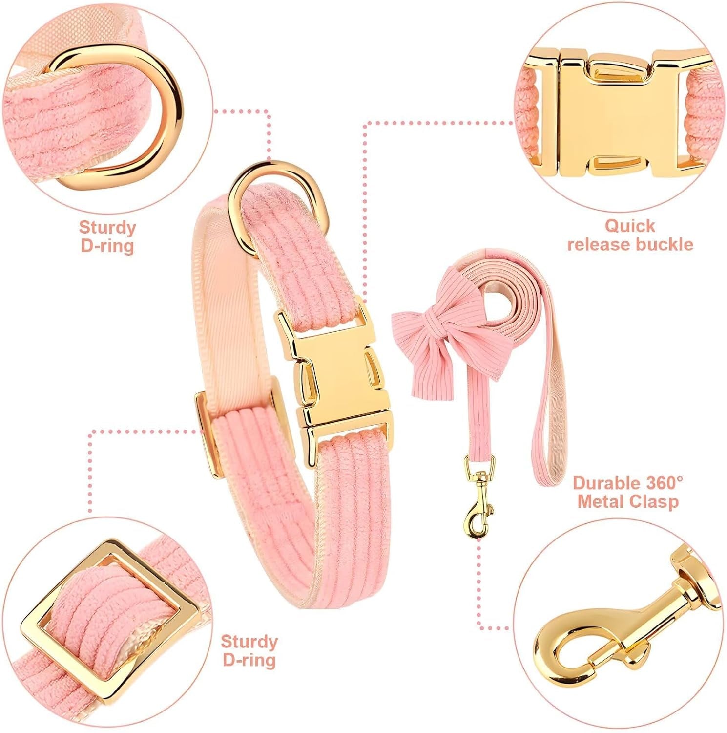 dog-collar-and-leash-set-with-bowtie-soft-cute-puppy-collar-cotton-puppy-collar-with-adjustable-metal-buckle-for-small-medium-dog-pink-size-s-neck-10-16