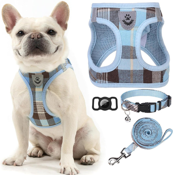 EXPAWLORER Plaid Small Dog Harness and Leash Set with Airtag Holder - No Pull Soft Padded Step in Dog Vest Harness Medium Sized Dog, Reflective Puppy Harness, Collar and Leash for Walking, Khaki S35