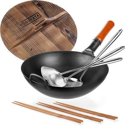Carbon Steel Wok Pan – 13,5 “ Stir Fry Pans + Wooden Wok Lid 13.5 + 17" Spatula and Ladle Skimmer + Natural Wooden Long Cooking Chopsticks Set of 31