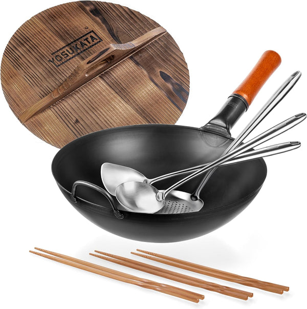 Carbon Steel Wok Pan – 13,5 “ Stir Fry Pans + Wooden Wok Lid 13.5 + 17" Spatula and Ladle Skimmer + Natural Wooden Long Cooking Chopsticks Set of 31