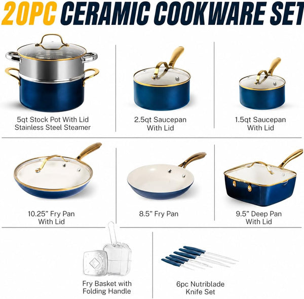 20Pcs Pots and Pans Set Non Stick Ceramic Cookware Set with Deep Frying Pan Set & 6Pc Knife Set, Improved Ti-Cerama Coating Made without PFOA PFOS Lasts 2X Longer, Oven & Dishwasher Safe2