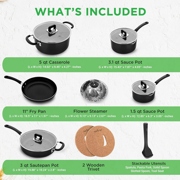 17-Piece Non-Stick Pans & Pots Set – Space-Saving, Induction-Compatible, Foldable Knob, Black Cookware with Heat-Resistant Utensils for Kitchen & RV2