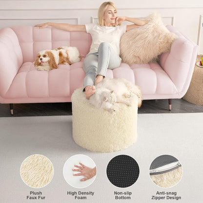 round Pouf Ottoman Foot Rest, Footstool, 17 X 14 Inch, Beige | High-Density One-Piece Foam, Firm & Stable, for Couch, Bedroom, Living Room, Mechine Washable Cover5
