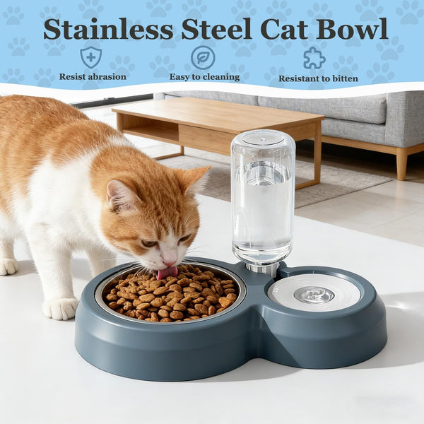 Double Dog Cat Bowls, Pets Food and Water Bowl Set with Silicone Mat | Pets Food and Water Bowl Set with Automatic Water Dispenser Stainless Steel Bowl, Gravity Feeder for Cats Small Dogs Puppies2