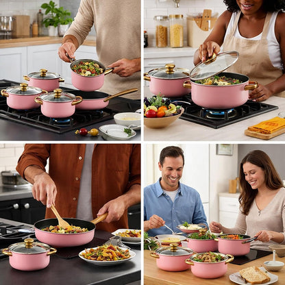 6 Pieces Pots and Pans Nonstick Cookware Set Stainless Steel Milk Saucepan Frying Pan Kitchen Utensils Glass Lids Wear Resistant Comfortable Handles S, Pink4