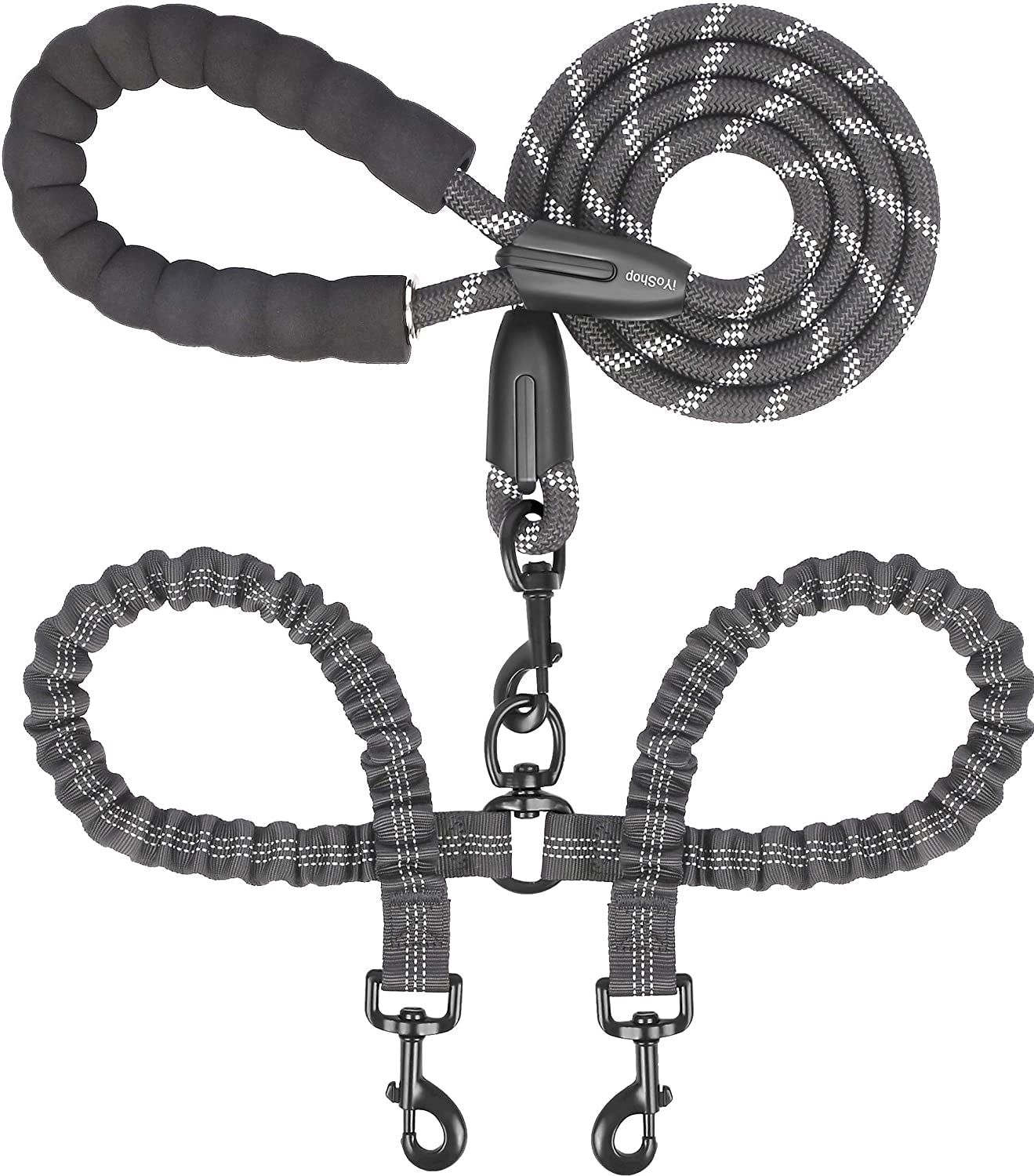double-dog-leash-360-swivel-no-tangle-large-25-150-lbs-black-dual-leash-for-two-dogs-split-leash-shock-absorbing-bungee-padded-handle-heavy-duty-rope