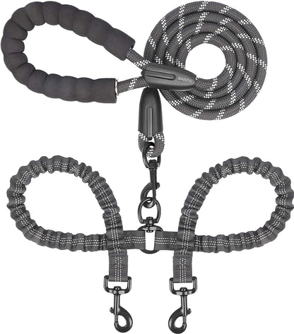 Double Dog Leash, 360° Swivel, No Tangle, Large, 25-150 Lbs, Black | Dual Leash for Two Dogs, Split Leash, Shock-Absorbing Bungee, Padded Handle, Heavy-Duty Rope1
