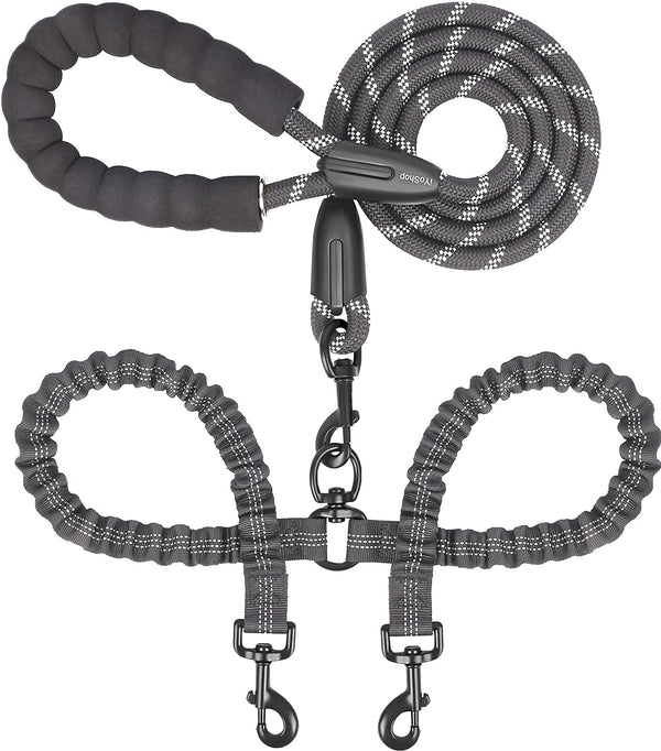 Double Dog Leash, 360° Swivel, No Tangle, Large, 25-150 Lbs, Black | Dual Leash for Two Dogs, Split Leash, Shock-Absorbing Bungee, Padded Handle, Heavy-Duty Rope1