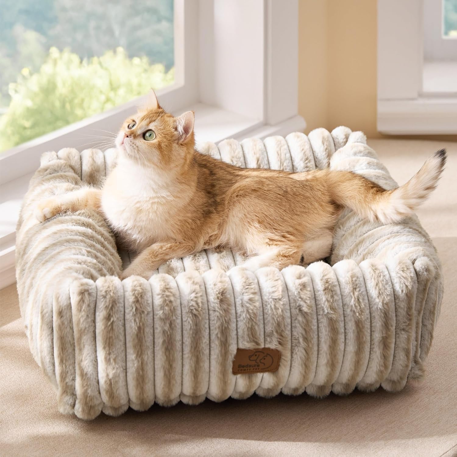 bedsure-comfyfleece™-cute-dog-bed-for-small-medium-dogs-washable-25in-cream-furry-puppy-beds-square-rectangle-orthopedic-corduroy-aesthetic-pet-beds-removable-zipper-cover-non-slip-bottom-up-to-15-lbs