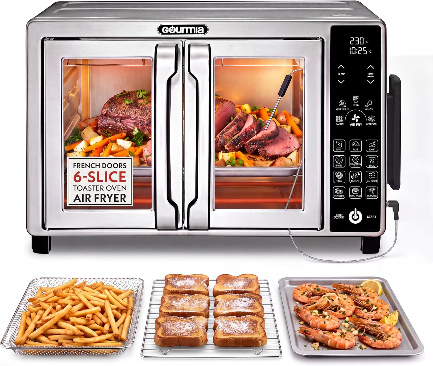 french-door-air-fryer-toaster-oven-6-slice-capacity-temperature-probe-18-cooking-presets-fryforce-digital-display-3-rack-positions-dishwasher-safe-accessories-stainless-steel