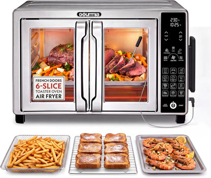 French Door Air Fryer Toaster Oven - 6 Slice Capacity, Temperature Probe, 18 Cooking Presets, Fryforce, Digital Display, 3 Rack Positions, Dishwasher-Safe Accessories, Stainless Steel1