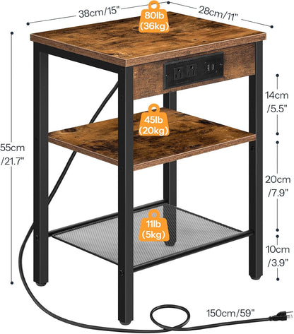Side Table with Charging Station and USB Port, Small End Table for Small Space, 3-Tier Nightstand with Adjustable Shelf, for Living Room, Bedroom, Rustic Brown BF112BZ013