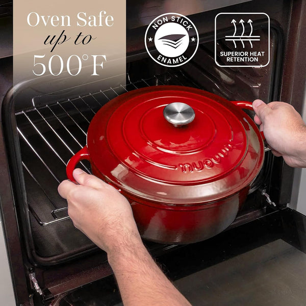 Enamelled Cast Iron Dutch Oven Pot with Lid-6.4 Quart Non Stick Casserole Pot-Heavy Duty & Oven Safe up to 500° F for Bread Baking, Braising, Stews, Roasting - 28Cm Red5
