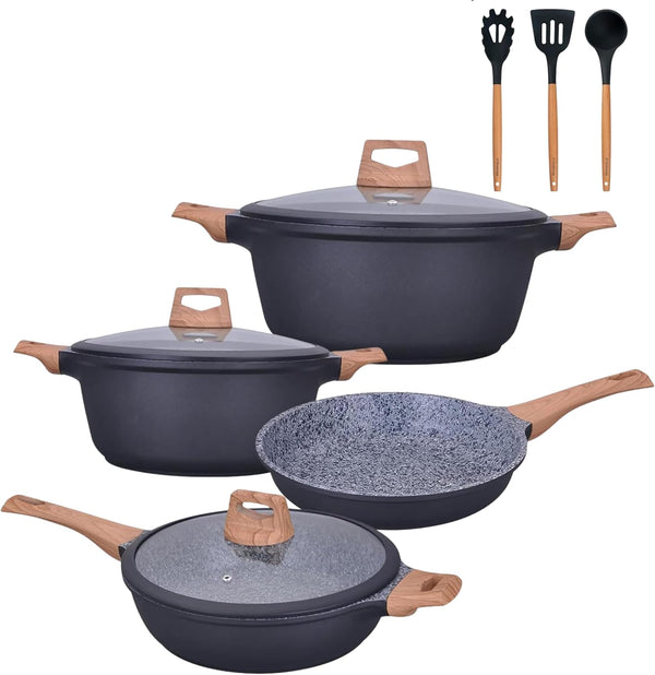 10Pcs Pots and Pans Set Nonstick with Wood Handles, Granite Cookware Set, Frying Pan, Saucepan and 3 Cooking Utensils1