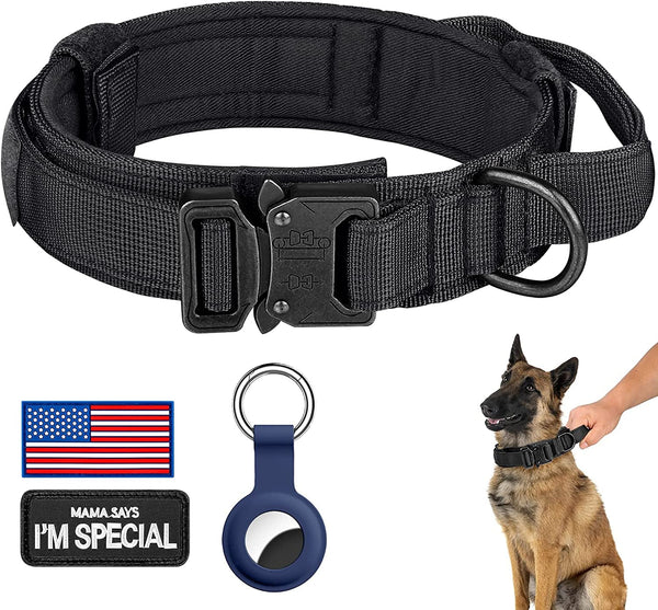 DAGANXI Tactical Dog Collar, Adjustable Military Training Nylon Dog Collar with Control Handle and Heavy Metal Buckle for Medium and Large Dogs, with Patches and Airtags Case (L, Black)1