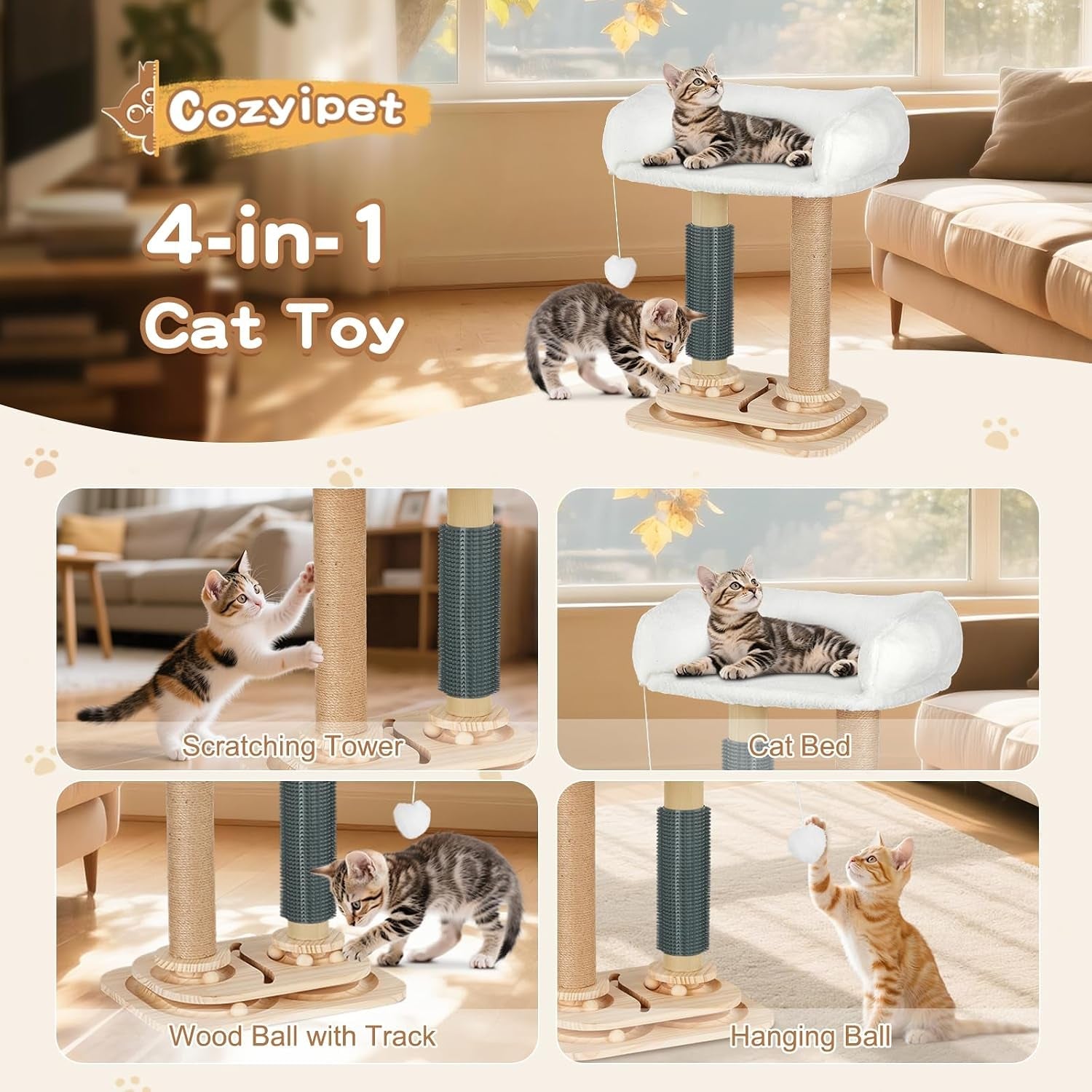 cat-scratching-post-with-bed-4-in-1-small-cat-tree-tower-sisal-scratcher-elevated-washable-bed-track-ball-toy-built-in-self-groomer