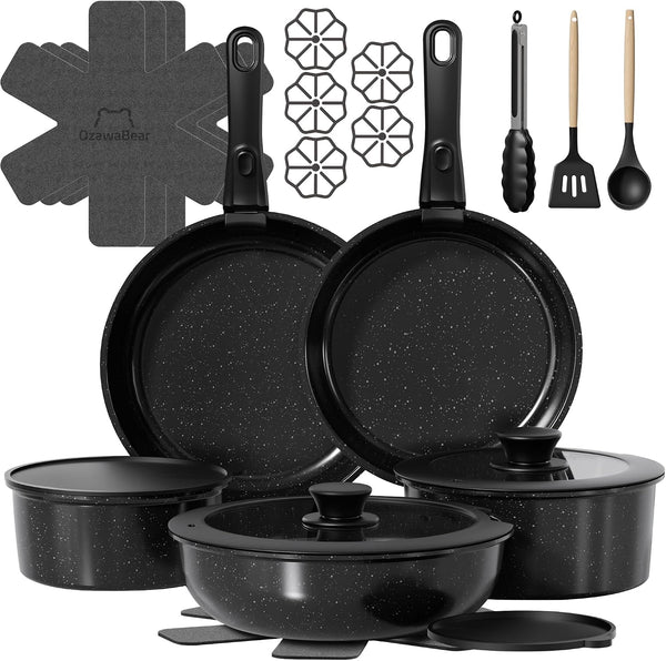 23 Pcs Pots and Pans Set Non Stick, Ceramic Cookware Set Non Toxic with Detachable Handles, Healthy Induction Cookware Oven Safe RV Kitchen Set, PFAS PFOA & PTFE Free, Black1