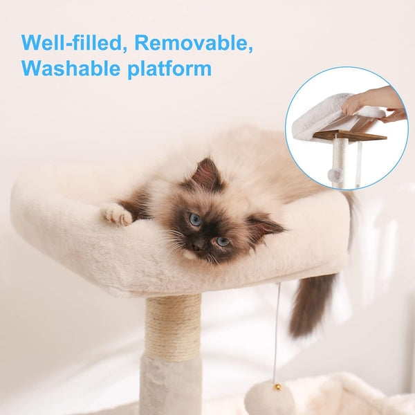 Hey-Brother Cat Tree Tower, Litter Box Enclosure, Food Station, MPJ100SG | 47.24 Inches Wooden All-In-One Cat House, Large Hammock, Bed, Scratching Posts, Modern Style for Indoor Cats, Rustic Gray5