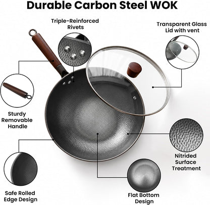 13 Inch Carbon Steel Wok with Lid, Large Flat Bottom Woks & Stir-Fry Pan | Large Chinese Wok Pan, 6.45QT, Nitrided Carbon Steel, No Chemical Coating, for All Stoves9