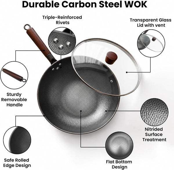 13 Inch Carbon Steel Wok with Lid, Large Flat Bottom Woks & Stir-Fry Pan | Large Chinese Wok Pan, 6.45QT, Nitrided Carbon Steel, No Chemical Coating, for All Stoves9