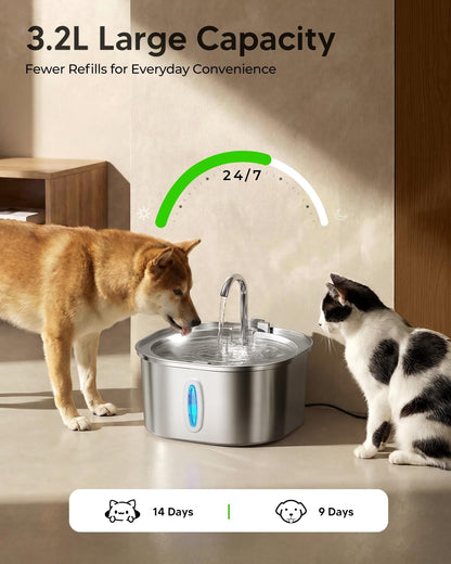 PEKTACO Cat Water Fountain, 3.2L/108Oz Stainless Steel Pet Water Fountain | Cat Drinking Fountain, Dishwasher Safe, with Triple Filtration, Quiet Pump, and Visible Water Window for Cats and Small Pets4