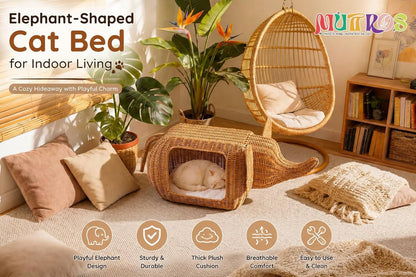 MUTTROS Elephant-Shaped Cat Condo Bed for Indoor Cats, Woven Cat House with Thick Plush Cushion for Large Cats and Kittens, Sturdy Pet Hideaway for Small Dogs and Rabbits, 35 X 12 X 13 Inches2